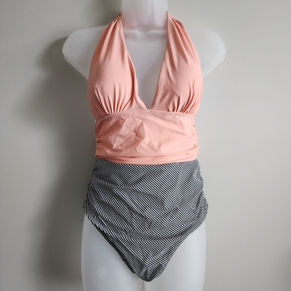 Cupshe One Piece Swimsuit‎ Womens Small Pink Halter Ruched Retro Beach Vacation